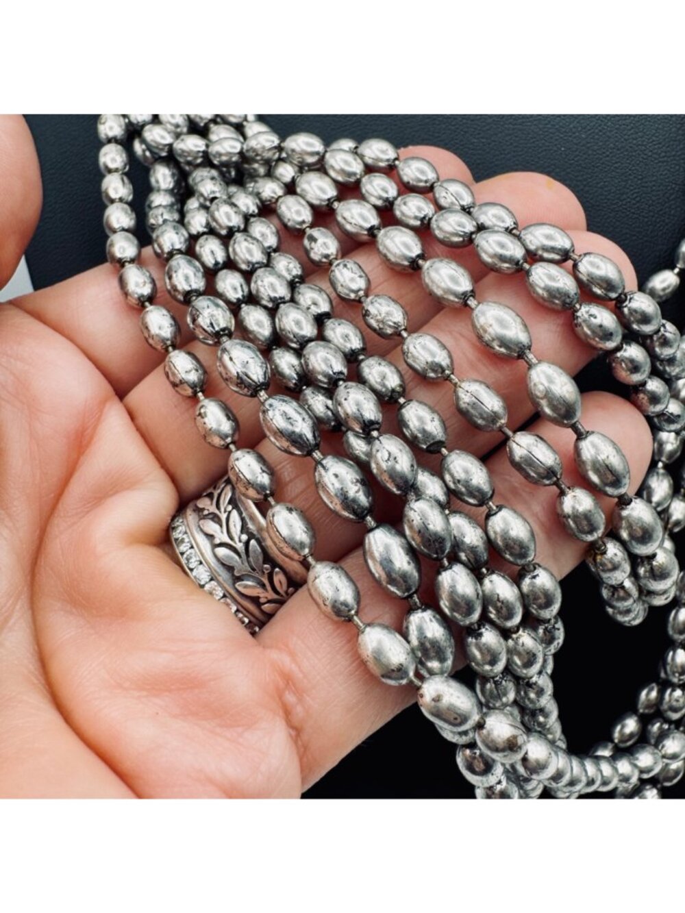 Vintage Multi-Strand Metal Bead Necklace Statement Black and Silver Leather 36" - Picture 9 of 9